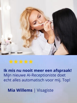 Mia Willems | Visagiste Met DigiBuur’s AI‐workflow kunnen mijn klanten binnen 24 uur hun programma starten. En ik heb meer tijd voor echt resultaatwerk