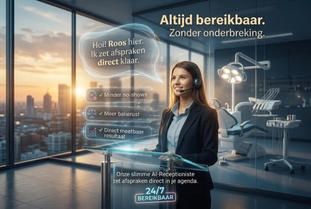 Roos – AI-receptioniste (24/7 bereikbaar) Promobeeld van een behandelkamer met tandartsstoel en tekst “Altijd bereikbaar” — Roos, de AI-receptioniste van DigiBuur, neemt 24/7 op en zet afspraken klaar.