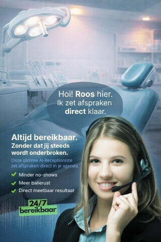 Roos – AI-receptioniste (24/7 bereikbaar) Promobeeld van een behandelkamer met tandartsstoel en tekst “Altijd bereikbaar” — Roos, de AI-receptioniste van DigiBuur, neemt 24/7 op en zet afspraken klaar.