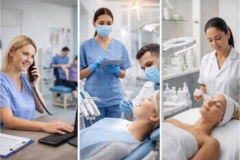 Praktijken die tijd winnen met AI Collage van praktijken: medewerker achter laptop, tandartssetting en beauty/medische spa behandeling — voorbeelden van sectoren waar DigiBuur telefoontjes en afspraken slim afhandelt.