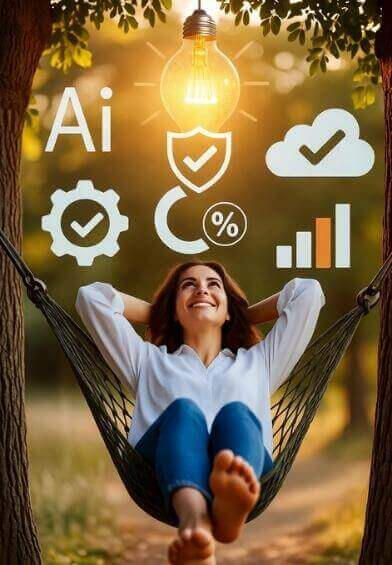 Efficiënt Werken met DigiBuur AI Ontspannen ondernemer in hangmat, terwijl DigiBuur’s AI-automatisering het werk voor haar doet.